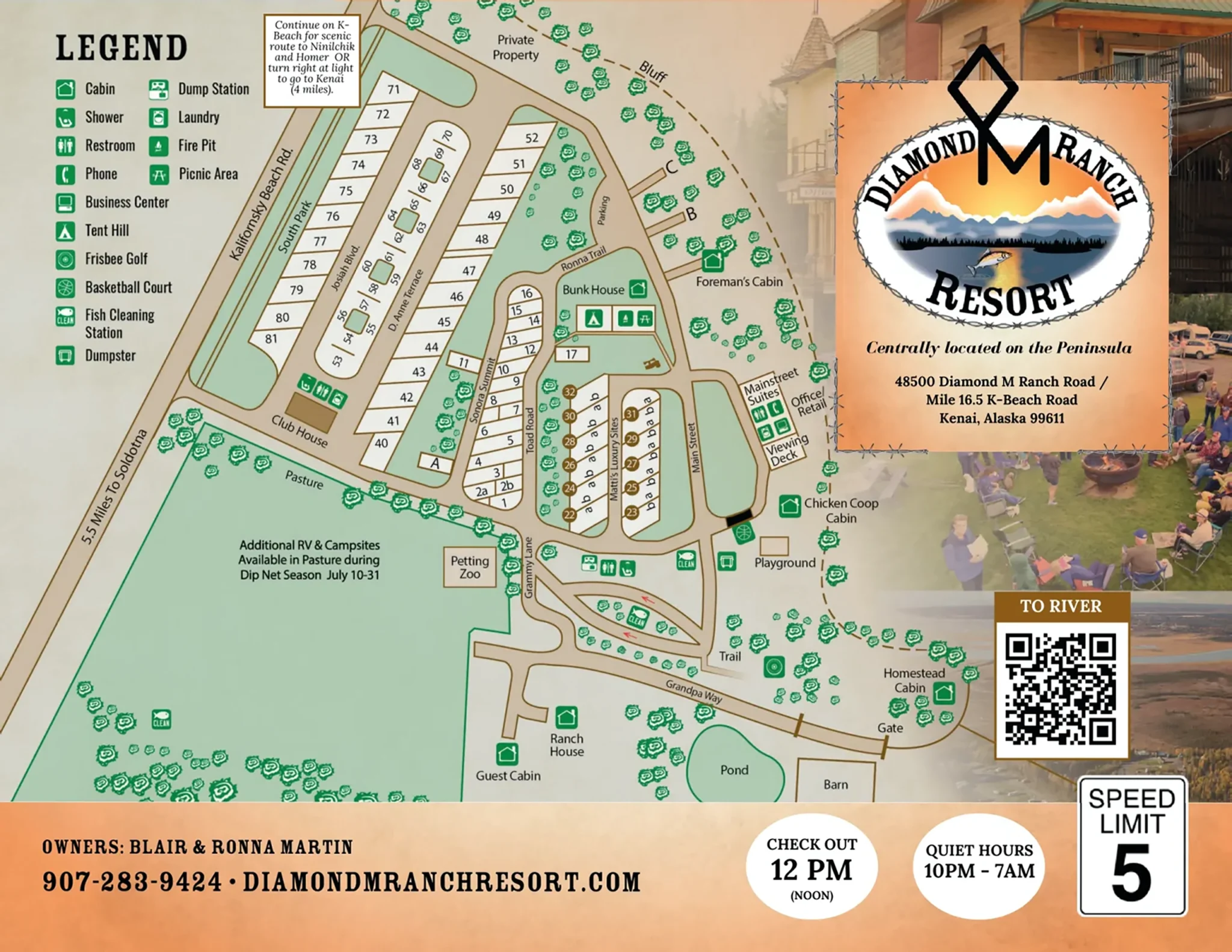 Diamond M Ranch Resort detailed property map showing RV loops, cabins, and trails