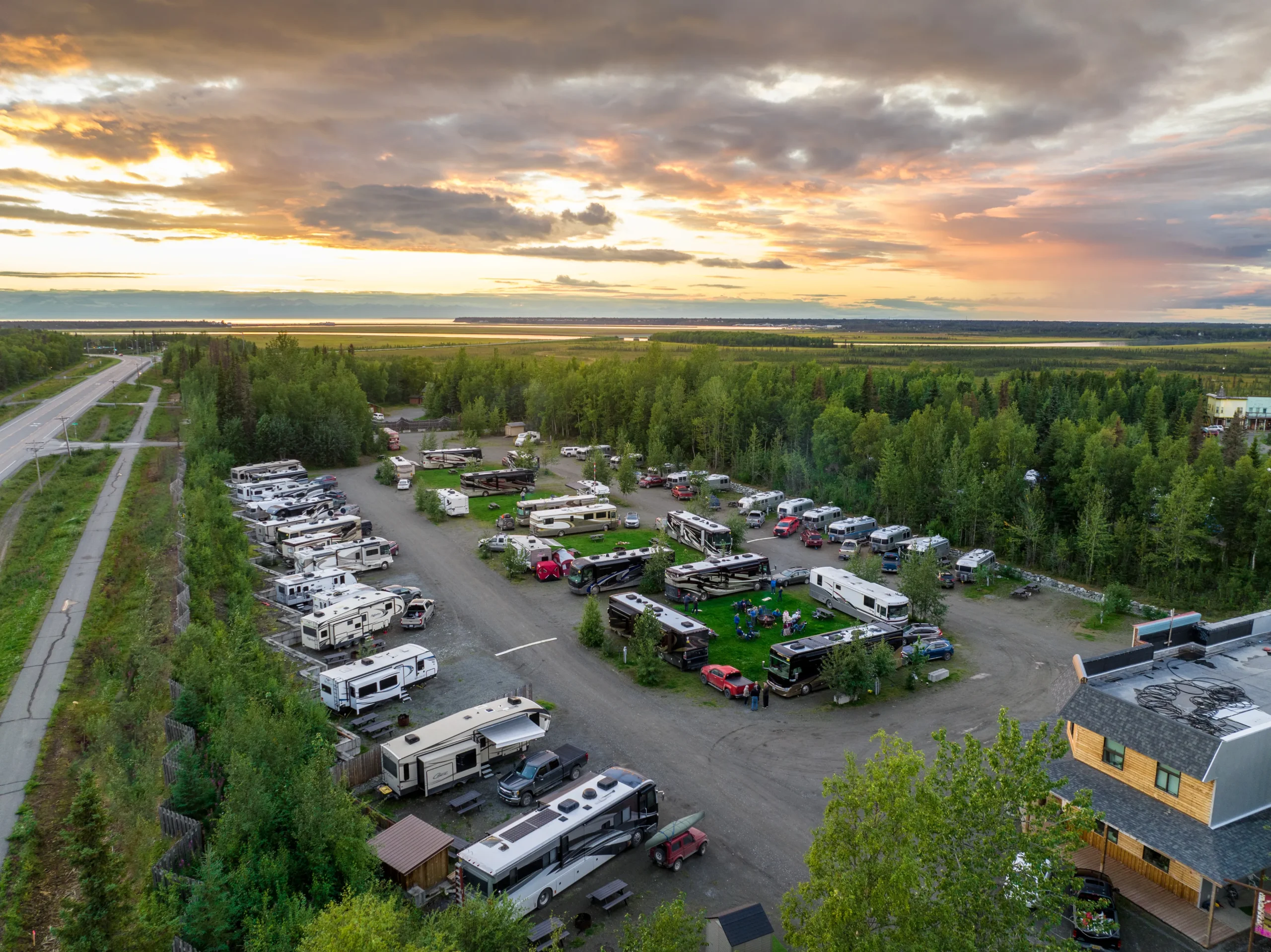 Diamond M Ranch RV Park aerial sunset view overlooking Kenai River valley